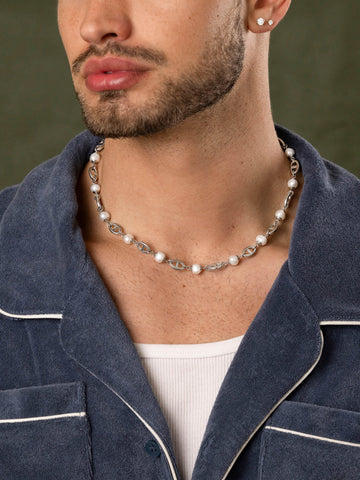 Nialaya Men's Necklace Men's Silver Mariner Chain with Pearls 18.5 Inches / 46.99 cm MNEC_324